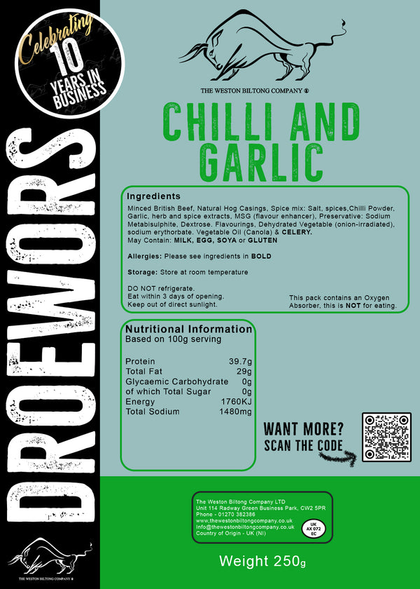 Chilli and Garlic Droewors (Beersticks)