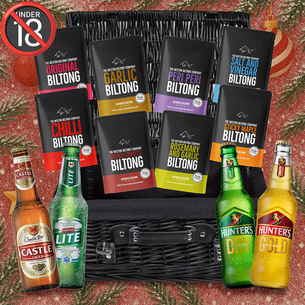 Premium Biltong And Beer Hamper - 8 Flavours + 2 SA Beers