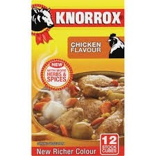 A package of Knorrox Chicken Flavour seasoning mix, featuring a yellow and red box with an image of a chicken and rice dish.