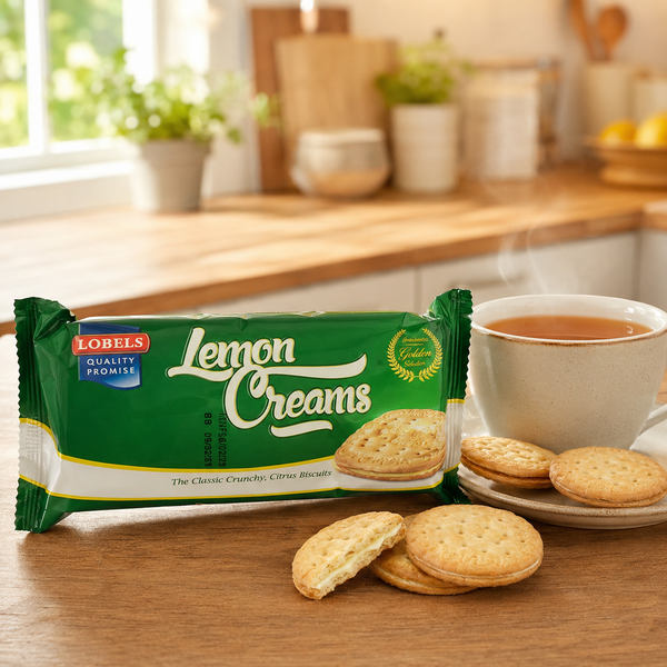 A package of Lobels Lemon Creams biscuits sits on a wooden table next to a cup of tea and several round biscuits, with a softly blurred kitchen background.